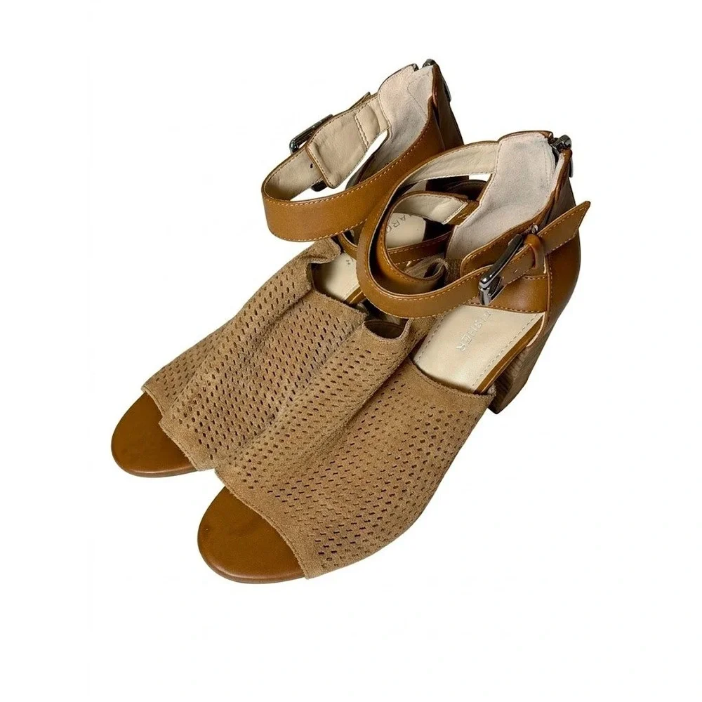 Marc Fisher Gabie Tan Perforated Suede Block Heel Sandals Womens 9.5M Leather‎